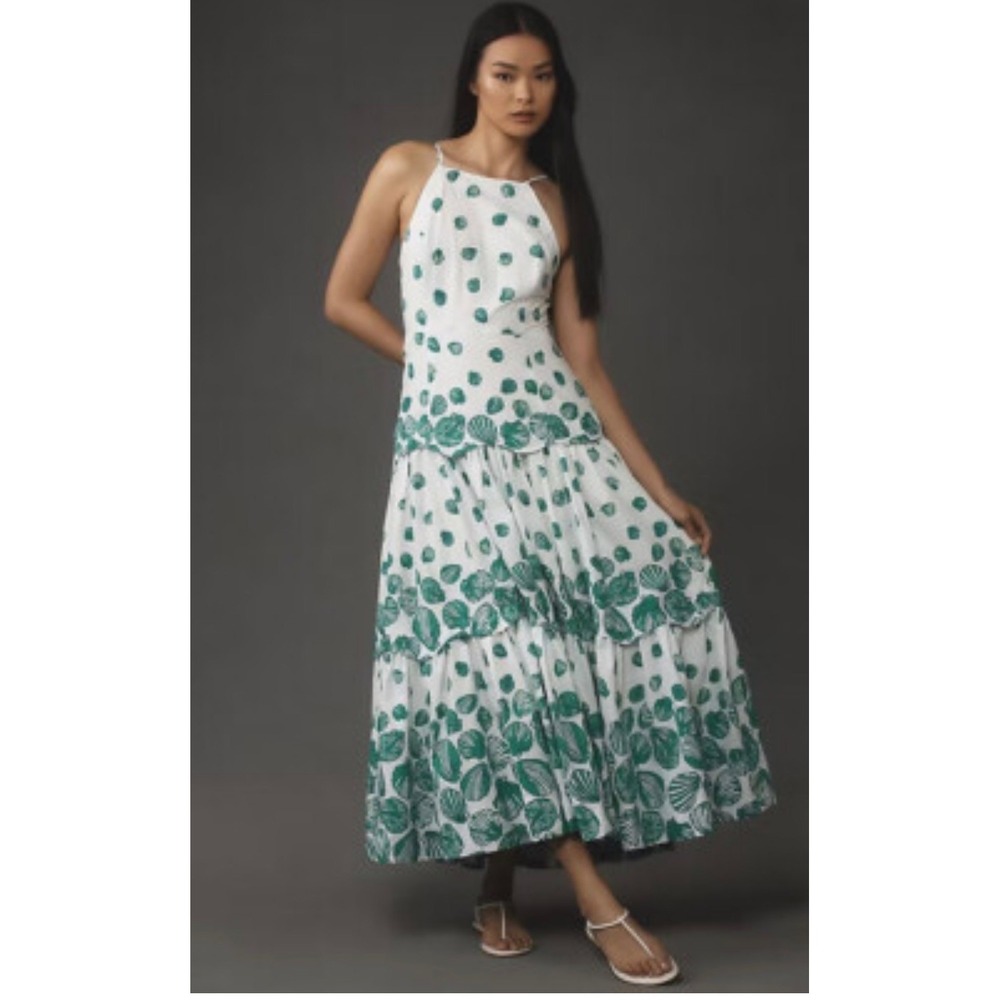 Anthropologie Green White Seashell Print Tiered Maxi Dress Halter Strappy Back